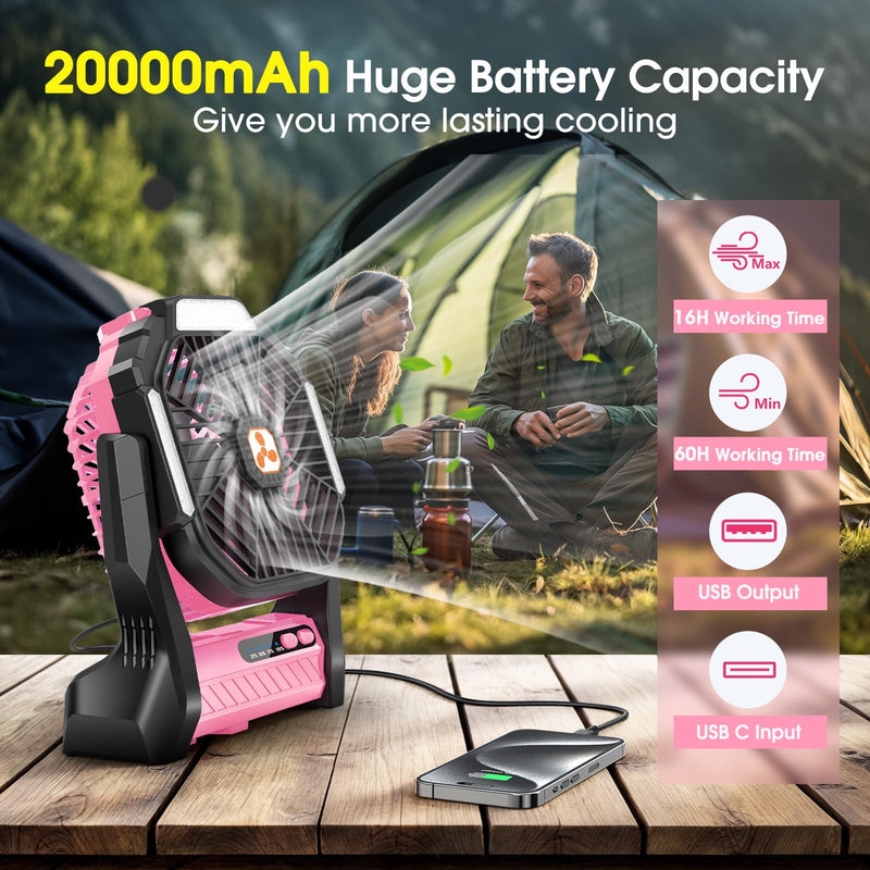 Portable Rechargeable Fan, 20000mAh Cordless Battery Powered Camping Tent Fans with SOS & LED Lantern, Small USB C Operated Outdoor Ventiladores for Travel Camp Fishing Office Home Essentials L Pink