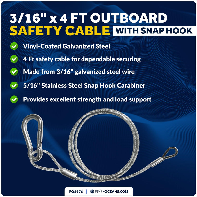Five Oceans 4 Ft Outboard Safety Cable 3/16" with Snap Hook - Vinyl-Coated Steel - Security Cable for Boat Engine Brackets - FO4976