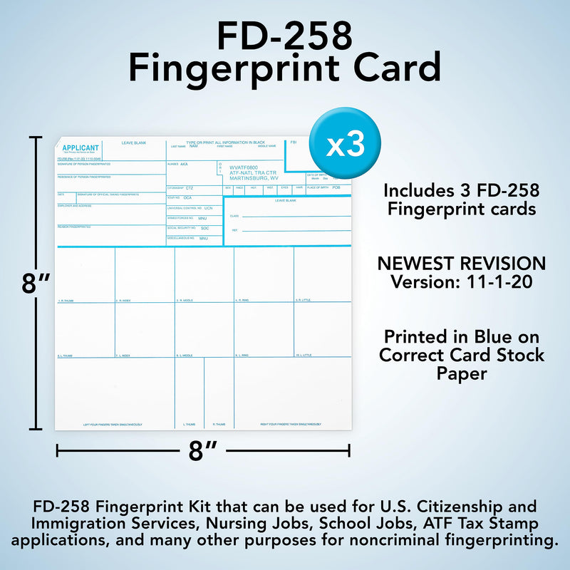 Made in USA - FD 258 Fingerprint Cards 2025, 3 pack - 11-1-20 Newest Version ATF ORI