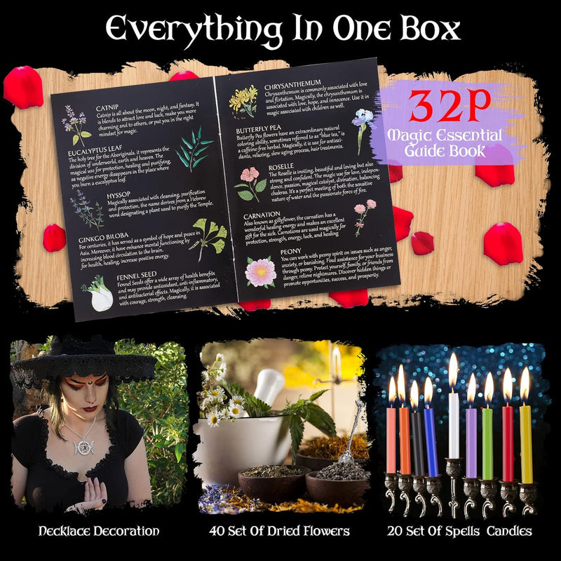 Vipnaji Starter Witch Kit 64 Pieces Witchcraft Kit, Small Candles, Dried Flowers, Crystals, Measuring Spoons, Parchment Paper, Tumbled Gemstone Crystal Chips For Chimes, Magic, Witchcraft, Make A Wish, Rituals