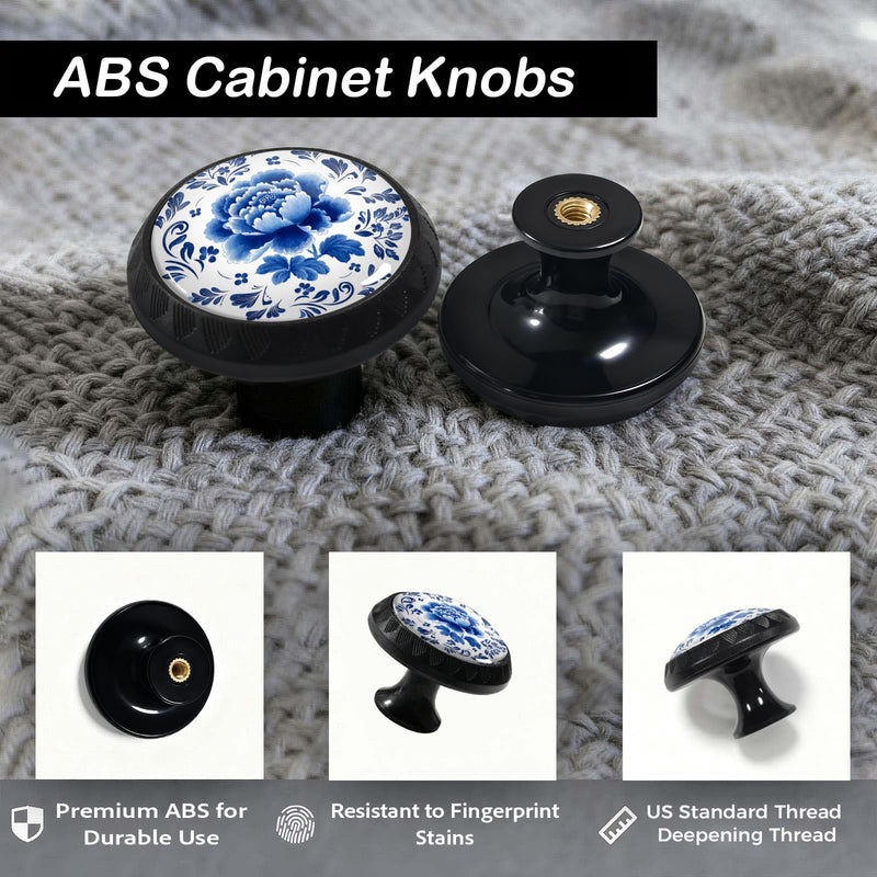12 Pack Blue Peony Flower Cabinet Knobs for Kitchen Bathroom | Floral Drawer Pulls Round Black Dresser Handles Hardware for Desk Cupboard Wardrobe Closet Vanity Door Decor