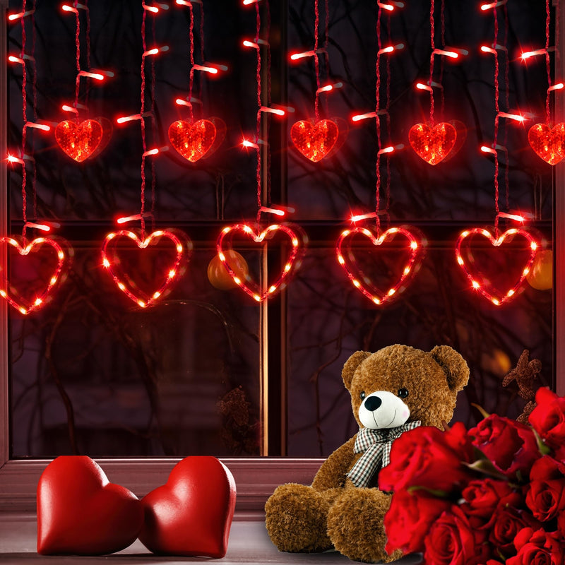 Valentine's Day Red Curtain Lights with 12 Hearts，138 LED Heart-shaped String Lights 8 Lighting Modes，Plug in Waterproof Valentines Day Lights for Indoor Outdoor Party Wedding Valentine's Day Decor