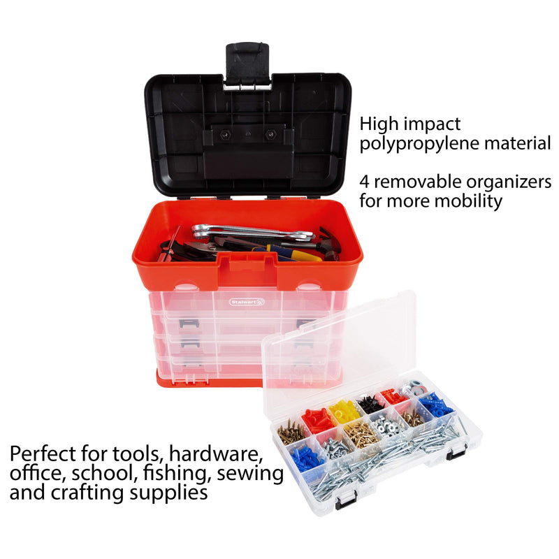 Storage Tool Box - Portable Multipurpose Organizer With Main Top Compartment and 4 Removable Multi-Compartment Trays by Stalwart,Red,11 in x 7 in x 10 in Red