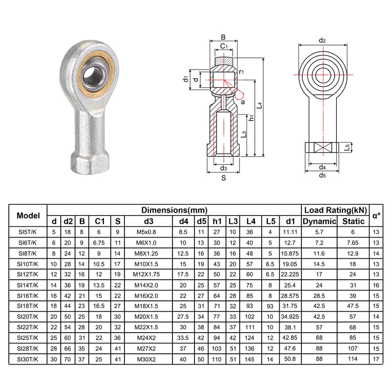 uxcell 2pcs SI6TK PHSA6 Spherical Rod End Bearing 6mm Bore Self-Lubricated Joint Bearing M6x1.0 Right Hand Female Thread Connector