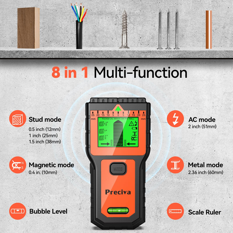 Stud Finder, Preciva Wall Scanner-8 in 1 Multifunctional Wall Detector with 6 Modes & 2 Functions for Studs, Wood, Metal, and AC Wires Detection (9V Battery Included) Orange
