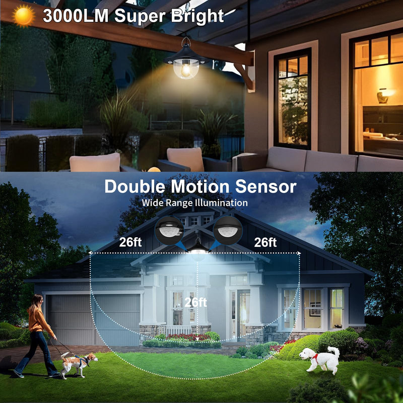 Auzev Solar Shed Light Indoor Outdoor Pendant Lights Solar Powered with 2 Motion Sensor, Waterproof Solar Hanging Lamp for Porch, Inside Home, Farmhouse, Gazebo, Chicken Coop, Daytime Available Black 1Pack