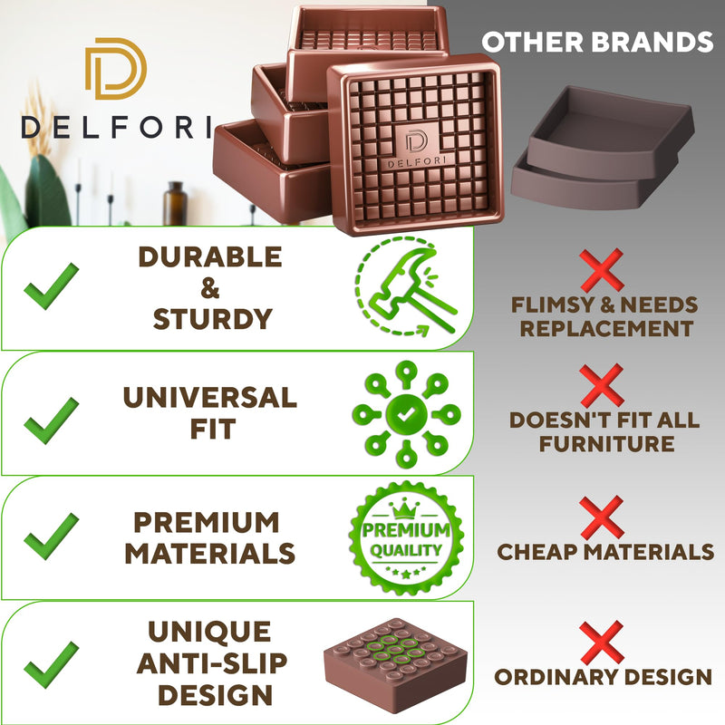 4pcs Non Slip Furniture Pads - Furniture Cups to Prevent Sliding for Couch, Bed, Chair - Premium 3x3 Anti Skid Stoppers for Hardwood, Tile Floors - Perfect Coasters That Fit Any Feet Shape (Brown) Brown 3" x 3"