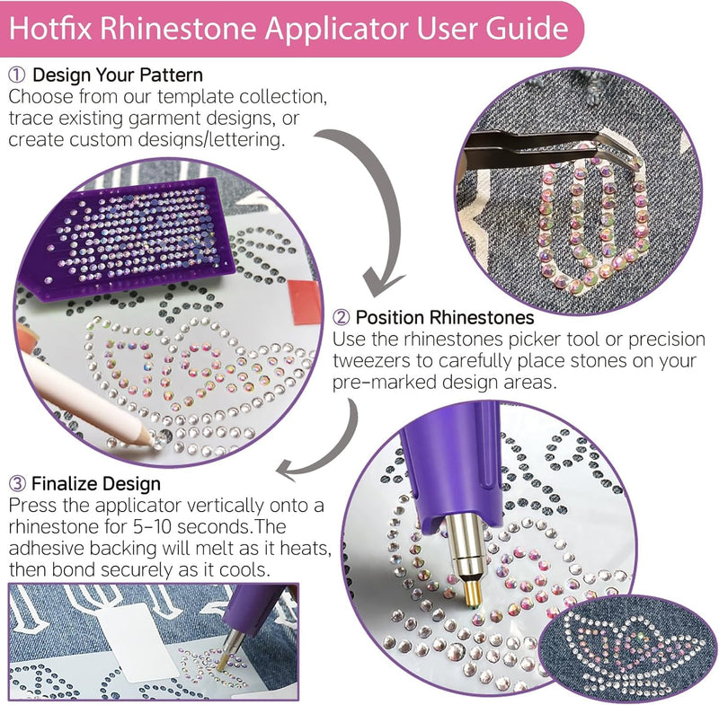Hotfix Rhinestones Applicator Kit with 4500 Crystals (White, AB, Multi-Color) Includes 19 Pattern Templates, Tweezers, Brush & Storage Bag for Clothes, Fabric, Jeans (Pink)