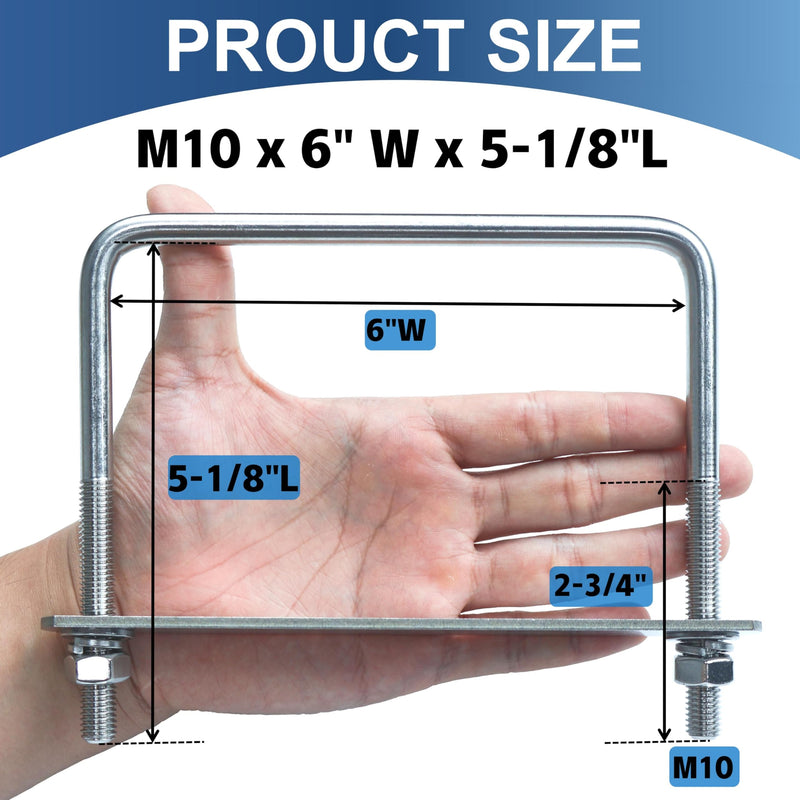 8 Pcs M10 Square U Bolts 6 Inch Wide, 3/8" x 6"W x 5-1/8"L M10 x 6"W x 5-1/8"L 8