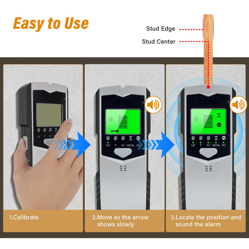 Stud Finder Wall Scanner, 5 in 1 Multifunctional Wall Detector Scanner with Upgraded Smart Sensor, HD LCD Display & Audio Alarm for the Center and Edge of Wood, Metal, AC Wire & Studs Pipe Detection