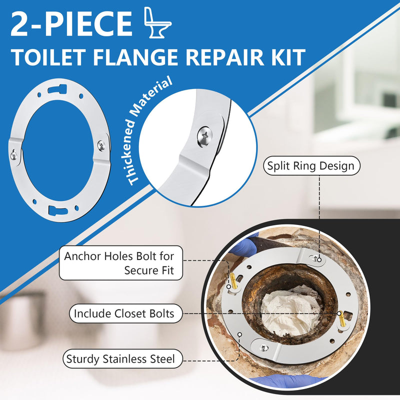 2 Piece Toilet Flange Repair Kit, Toilet Flange Repair Ring with 1/4" x 2-1/4" Closet Bolts, Stainless Steel Split Ring for Cast Iron, PVC or ABS