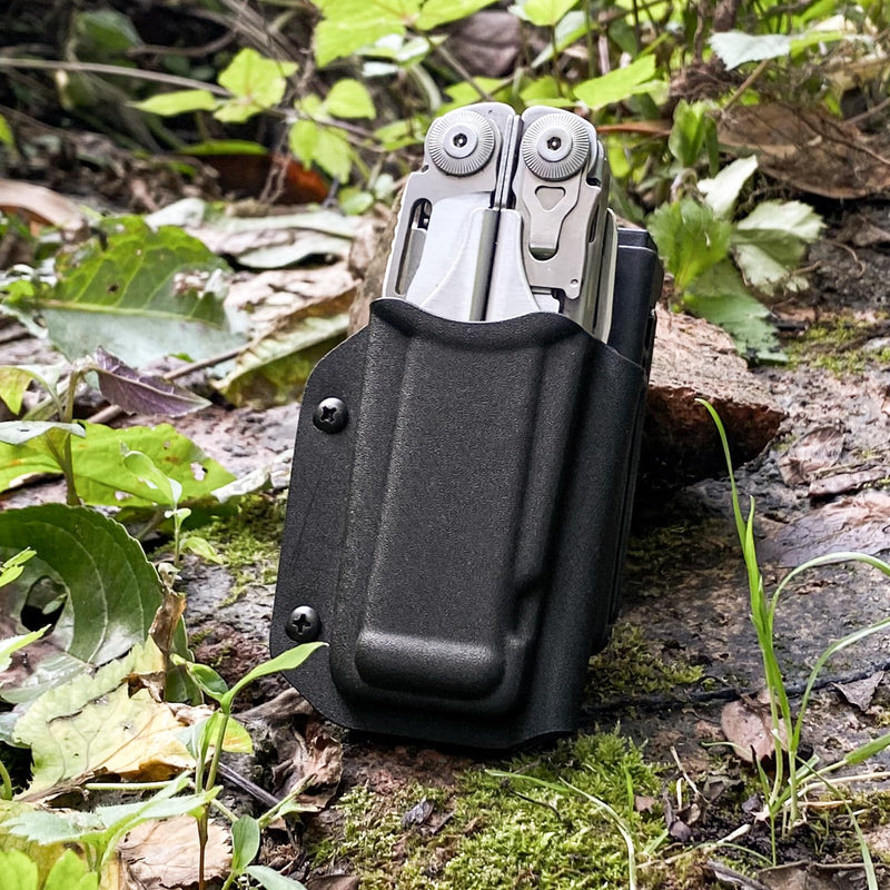 Kydex Multitool Sheath for Leatherman Surge, Bit Kit Holder and 2 Belt Clip | 1.5 mm rigid shell; adjustable retention; removable flint stick; horizontal and vertical carry