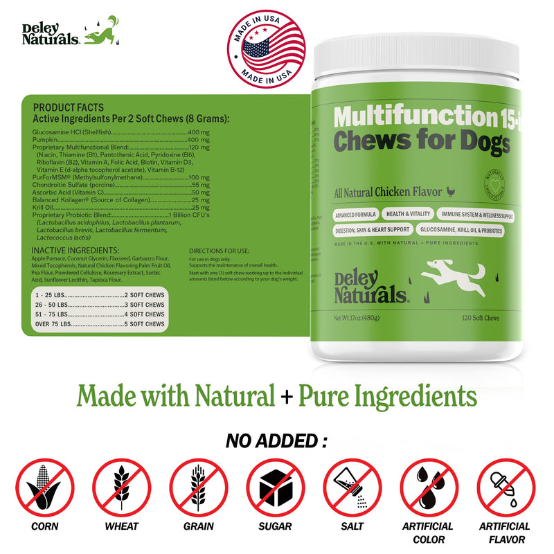 Deley Naturals Dog Multivitamins Chewable - 15 in 1 Dog Vitamins and Supplements for Immune System, Skin, Joint Support & Digestion - Dog Multivitamin for All Ages - Dog Vitamins Made in The USA - PawsPlanet Australia