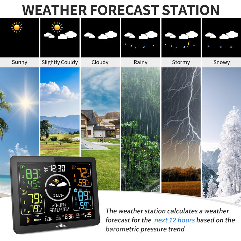 Weather Stations Wireless Indoor Outdoor Thermometer with Multiple Sensors, 7.5" VA Display Weather Forecast Station with Atomic Clock, Temperature, Humidity and Adjustable Backlight for Home Black-Basic Weather Station