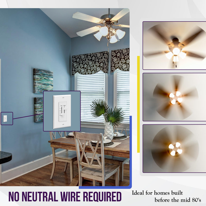 ENERLITES 3 Speed Ceiling Fan Control and LED Dimmer Light Switch, 2.5A Single Pole Light Fan Switch, 300W Incandescent Load, No Neutral Wire Required, 17001-F3-W, White 1 PACK