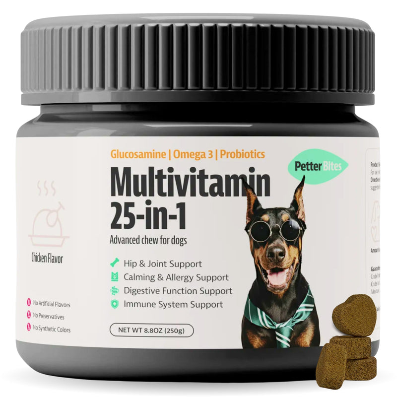 25-in-1 Dog Multivitamin Soft Chews – Dog Vitamins and Supplements with Probiotics, Glucosamine & Omega 3 Fish Oil – Hip & Joint, Digestive, Skin & Coat Support – Chicken Flavor – 100 Count