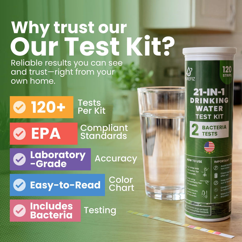 21-in-1 Drinking Water Test Kit – 120 Strips + 2 Bacteria Tests – Easy DIY Testing for Tap, Well & Spring Water – Tests Lead, Fluoride, Iron, Hardness, pH, Chlorine, Copper, Bacteria & More Drinking Water Test Kit (120 Pack)