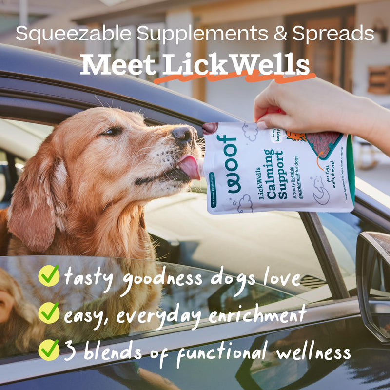 WOOF LickWells Doggy Dental - Teeth Cleaning Supplement and Breath Freshener for The FlipMat and LickMat - Postbiotic Squeezable Dog Treats to Support Oral Health for Dogs - 12 oz PB & Kelp Flavor.
