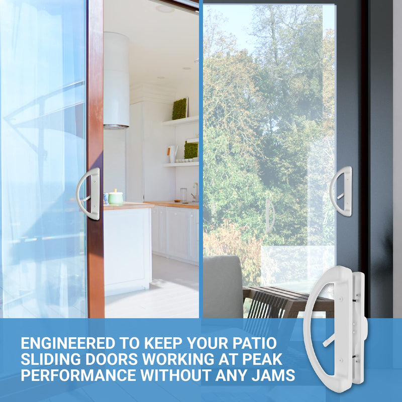 Essential Values Patio Door Handle Set, Replacement Sliding Door Handle Set (No Lock, Non-Keyed) | 2-Handle White Diecast Handles for Sliding Doors | 3-15/16” Hole Spacing for Mortise Style Locks