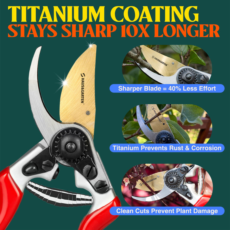 Haus & Garten EnduroPRO Ergonomic Bypass Pruners - Professional Titanium Garden Shears - Heavy Duty Hand Pruning Scissor, Tree Trimmer, Gardening Tool, Branch, Hedge, Rose, Shrub & Bush Clippers