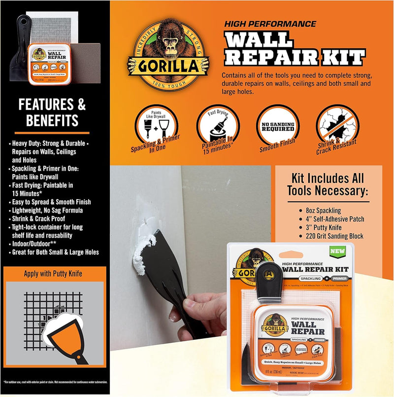 GORILLA Wall Repair Kit, Heavy Duty Spackling Tub, 4 in Patch, 8 Fl Oz (Pack of 2)