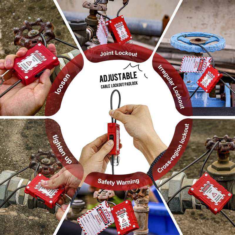 Adjustable Cable Lockout Padlock, Red Loto Safety Lockout Locks,Plastic Body for Lock Out Tag Out Stations and Devices,with Plastic-Coated Stainless Steel Cable (6MM Diameter, 1.8M Length) BD-LG81-1PCS