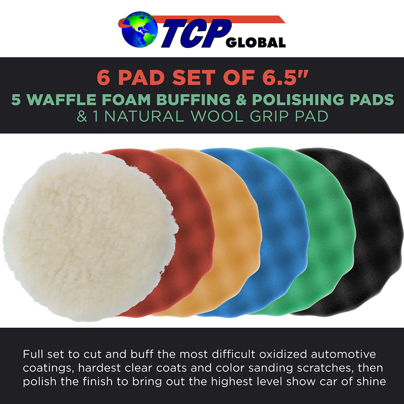 TCP Global 6.5 Inch Buffing Pads Set - 5 Waffle Foam Buffer Pads & 1 Wool Pad for Orbital Buffers, DA Polish Pad for Paint Correction, Polishing Kit for Auto & Boat Gelcoat Detailing