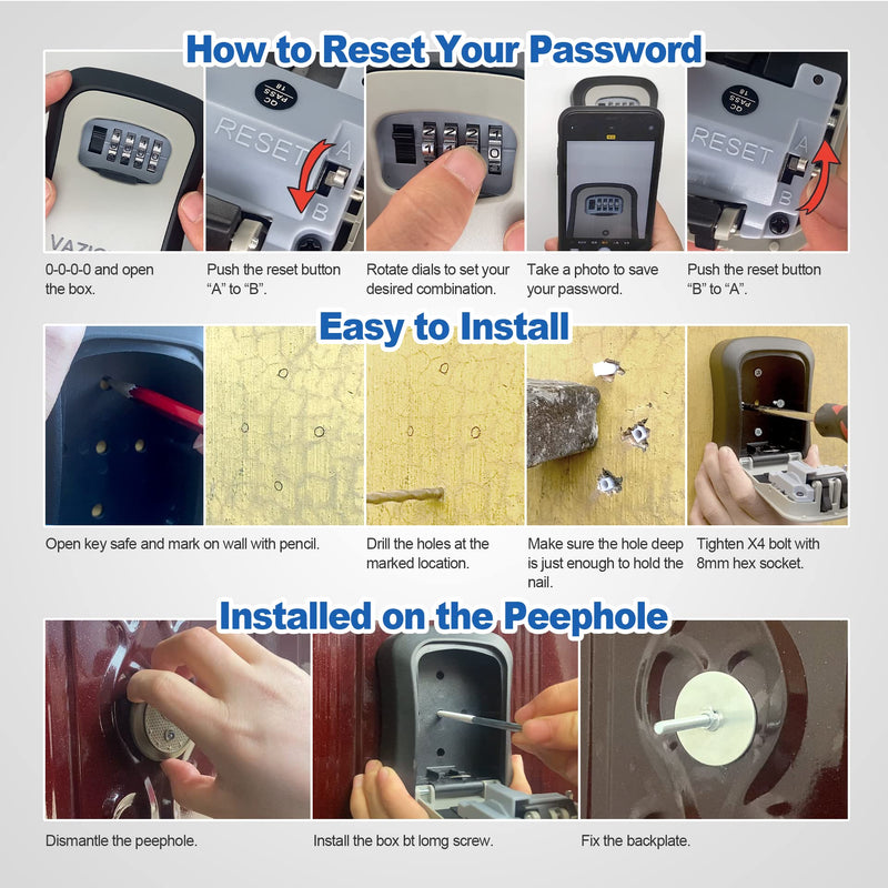 Key Lock Box for Outside, Portable Waterproof Wall Mounted Resettable 4-Digit Combination Key Storage Lockbox, 5 Keys Capacity Key Safe Lock Box for Home,Garage, Office (Without Shackles) Without Shackles