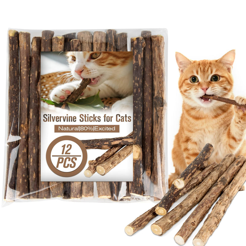 CARGEN Silvervine Cat Chew Sticks - 12 PCS Natural Kitten Chew Toys, Dental Cleaning Sticks, Indoor Cat Daily Treats & Entertainment Supplies