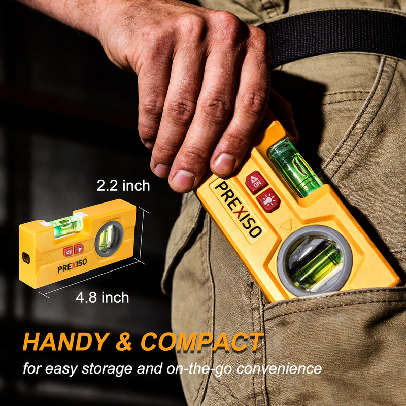 PREXISO 2-in-1 Line Laser Level - Mini Torpedo Level with Light, 3-3/4 inch 90°/180° Magnetic Pocket Level & 30Ft Laser Line Leveler Tool for Hanging Picture, Wall Marking Painting, Home Renovation Fixed Vial