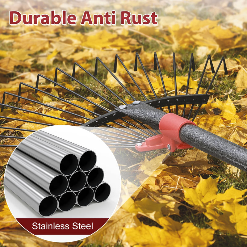 60 Inch Rake for Leaves, Adjustable 18 Metal Tines with Expandable Head Garden Rakes for Lawns Heavy Duty Metal Rake for Leaves Yard Gardening Grass Outdoor Debris 60 inch