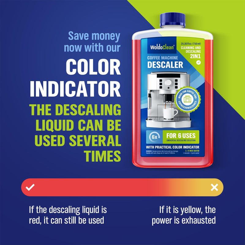 WoldoClean Descaling Solution for Coffee & Espresso Machines 25.6 Fl Oz - compatible with Keurig, Nespresso, Breville, Ninja, Nespresso, Delonghi, Reusable Formula with Color Indicator