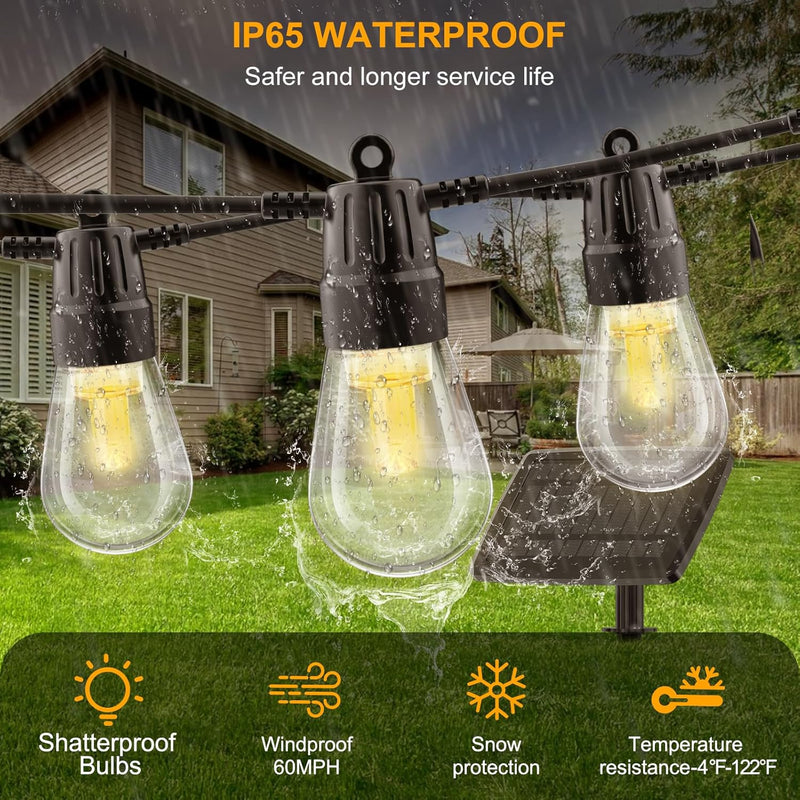 Brightech Ambience Pro Solar Powered Outdoor String Lights, 27 ft Commercial Grade Waterproof Patio Lights, 12 Edison Bulbs, Shatterproof LED String Lights for Outside, Porch - 1W Soft White Bright (1W) 27 Feet