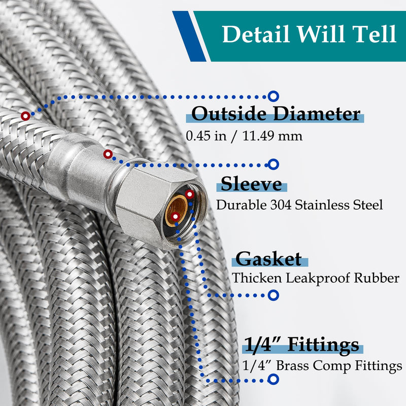 Refrigerator Ice Maker Water Line Kit - 10' Braided Stainless Steel Fridge Water Line with 1/4" Compression Fittings Pex Tubing Core and Water Splitter 10 Feet