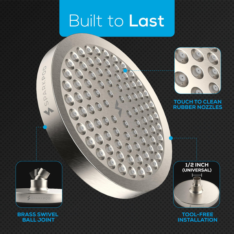 SparkPod Shower Head - High Pressure Rain - Premium Quality Luxury Design - Easy Clean Adjustable Replacement for Your Bathroom Shower Heads (Elegant Brushed Nickel, 6 Inch Round) Elegant Brushed Nickel - NewNest Australia