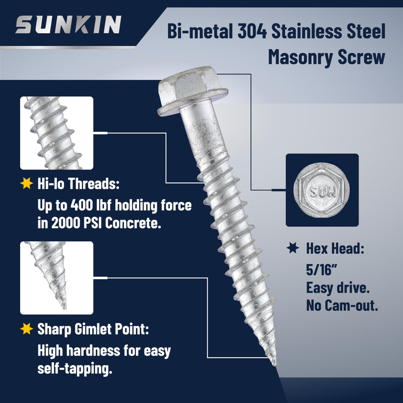 SUNKIN 40PCS Concrete Screws, Bi-Metal Stainless Steel 304, #14 x 2-1/2" Hex Head, Hardened Tip, for Masonry & Concrete, Outstanding Rustproof #14 x 2-1/2 inch