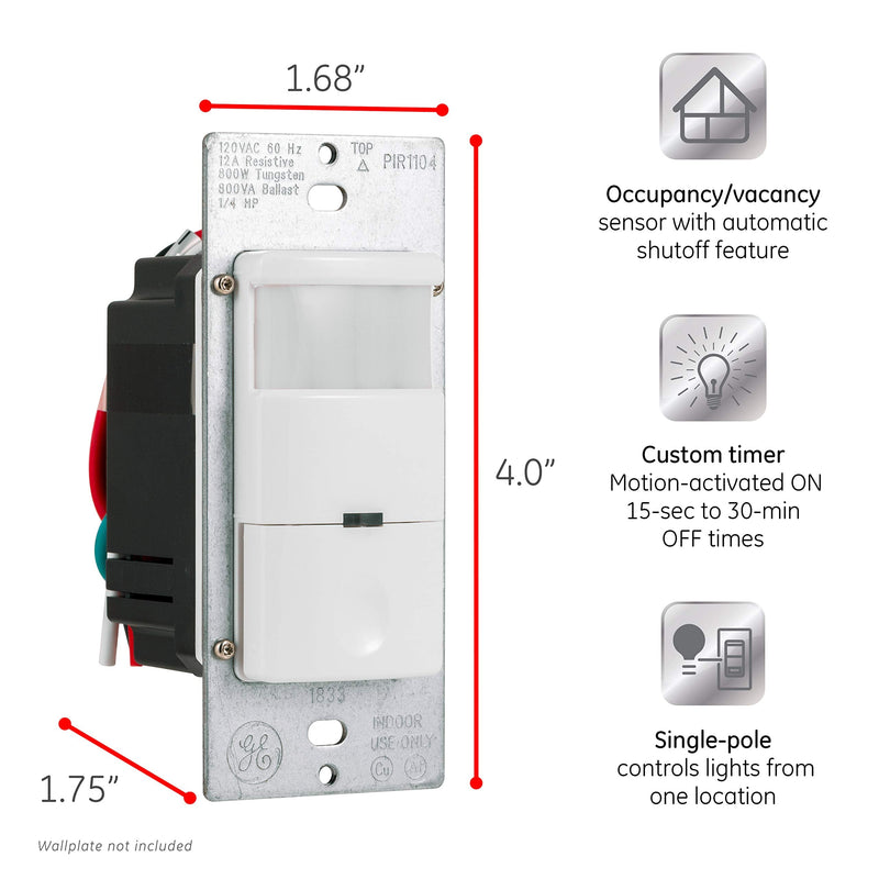 GE in-Wall Motion Sensor Light Switch, Motion Sensor Light Indoor Switch, Occupancy & Vacancy Options, Single Pole, 150 Degree 30ft Detection Zone, Custom Timer, 11927 Motion Sensing