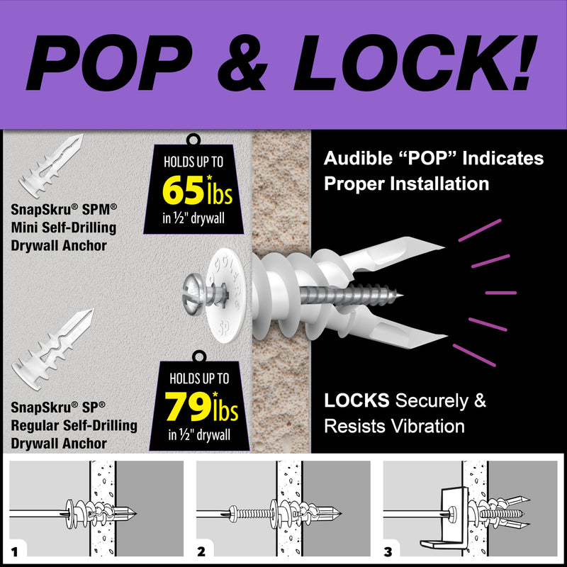 TOGGLER SnapSkru SP Self-Drilling Drywall Anchor for Hollow Wall Application, Glass-Filled Nylon, Made in US, for #6 to #10 Fastener Sizes 100 Pack w/ Screws