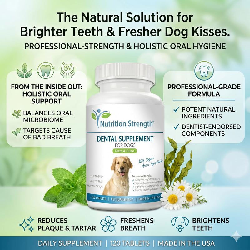 Dental Care for Dogs - Natural Plaque & Tartar Remover for Teeth - Fresh Breath Dog Supplement with Organic Kelp, Strawberry Leaf & Pumpkin Seed for Gum Health - 120 Tablets