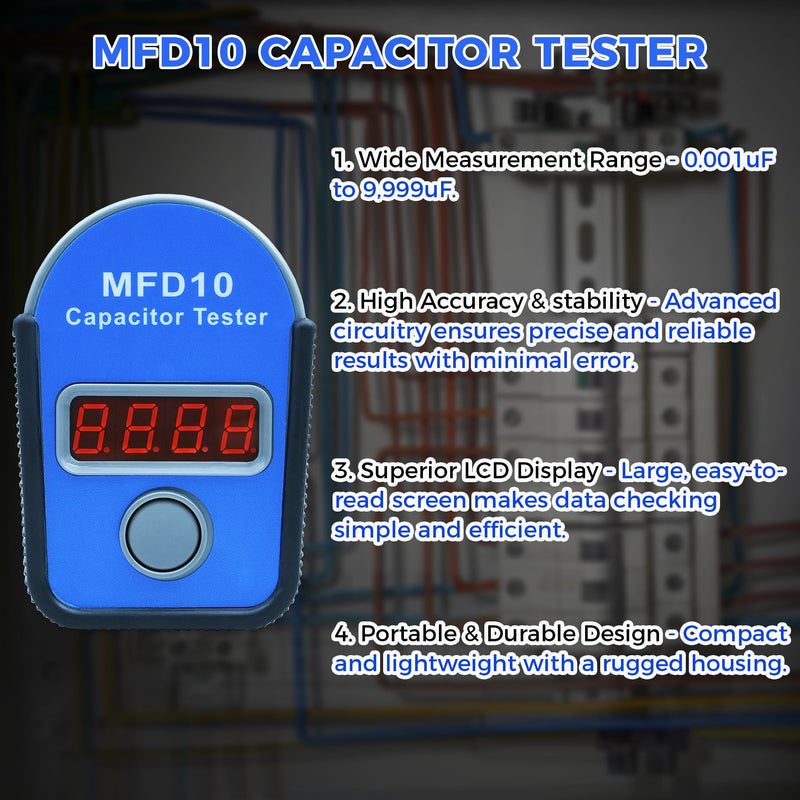 MFD10 Capacitor Tester, Digital Capacitance Meter with LED Display, 0.001µF to 9999µF Range, ±5% Accuracy, for HVAC Appliance Motor Start/Run Capacitor Testing (Black)