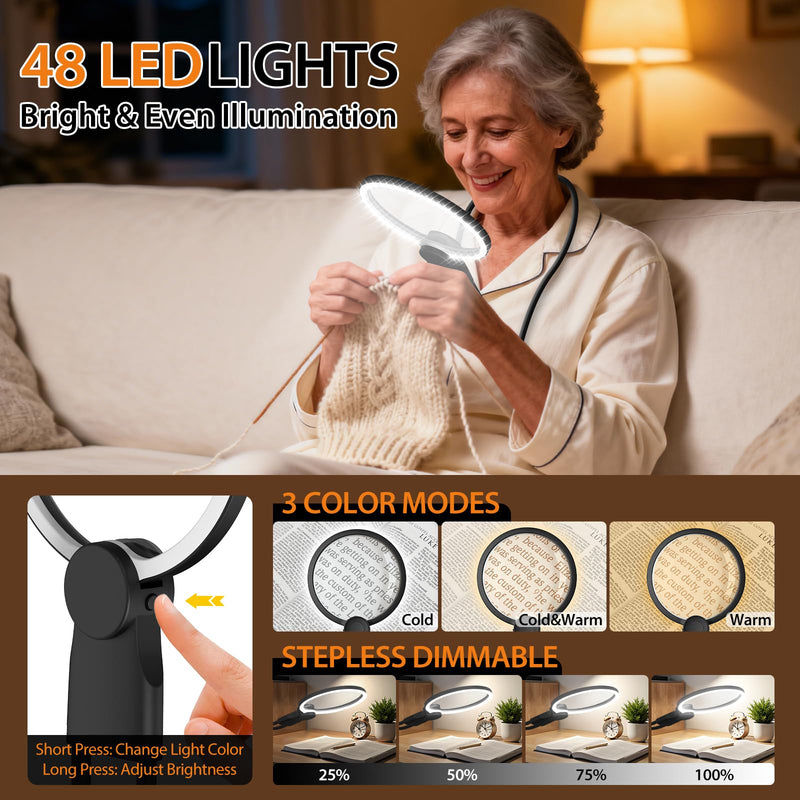 Hands-Free Magnifying Glass with Light, 5X Neck Magnifier for Close Work, Reading Small Print, Cross Stitch, Sewing & Crafts, Rechargeable Lighted Magnifier, Vision Aid for Seniors & Low Vision