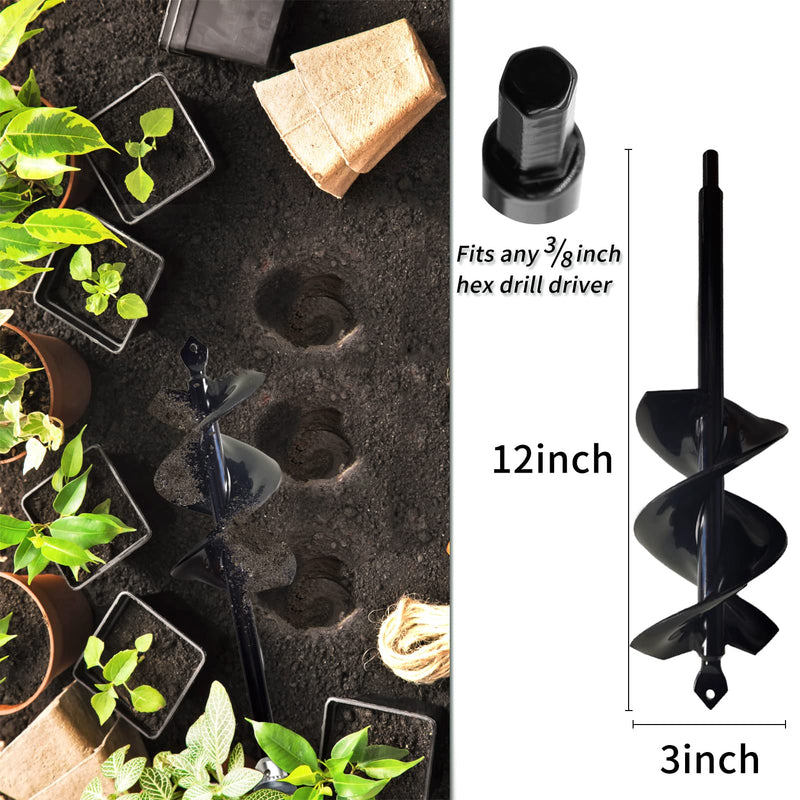 TCBWFY Garden Auger Drill Bit for Planting 3x12inch,Solid Core Shaft Garden Auger Spiral Drill Bit,Planting Auger for Bulb Planting Bedding Plants,Hole Digger for 3/8" Hex Drive Drill 3"x12"