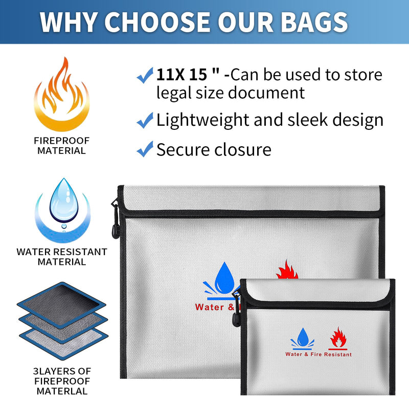 Fire-resistant document pouches, including a set of fire-resistant wallet security pouches, measuring 15 x 11 in and 9 x 7 in, with a non-irritating silicone coating, for Money, Documents and Passport