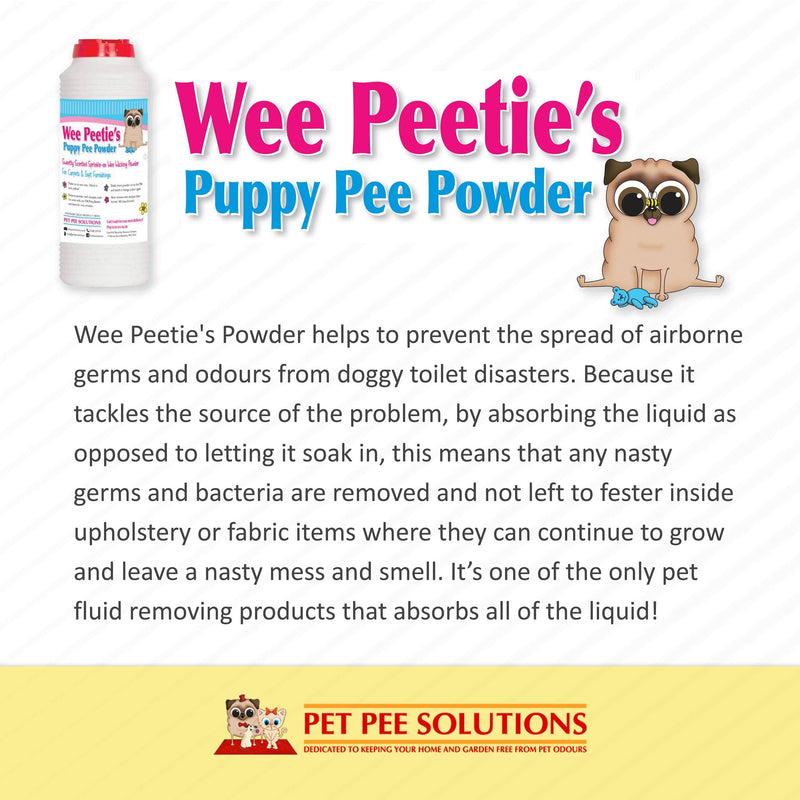 Wee Peeties Pee Powder for Pet Urine Vomit and Poo. Removes Liquid from Carpets Upholstery Sofa and Mattress. Prevents growth of Bacteria and stops Smell and Odour from Dog Puppy and Cat Accidents - PawsPlanet Australia