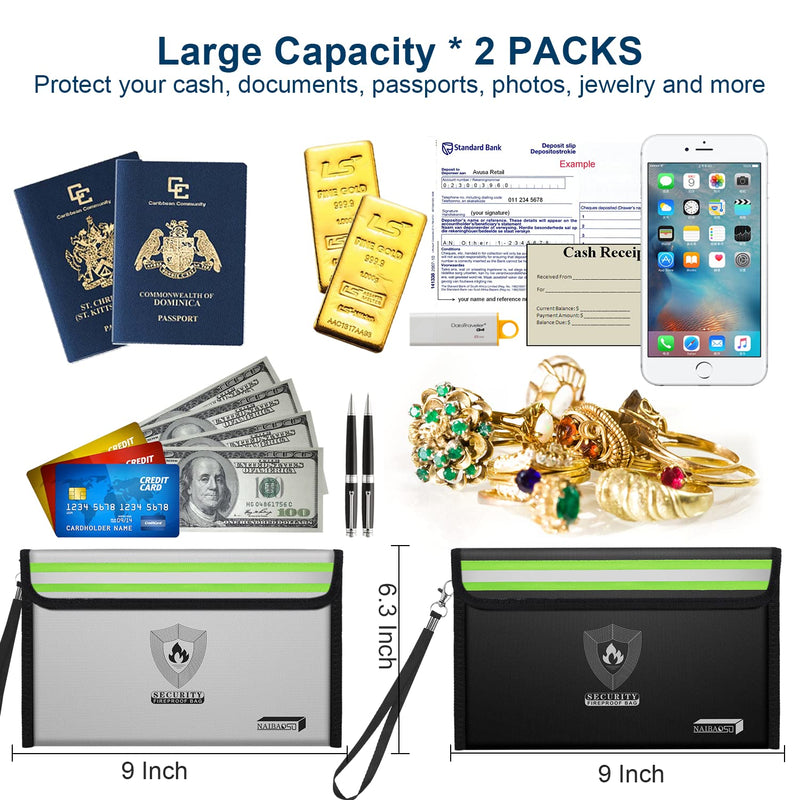Small Fireproof Money Bag (8.6 x 6.3 inches) with Reflective Strip, featuring a metal zipper and strap. Ideal for storing cash, passports, and valuables. Available in a 2-pack. Upgraded