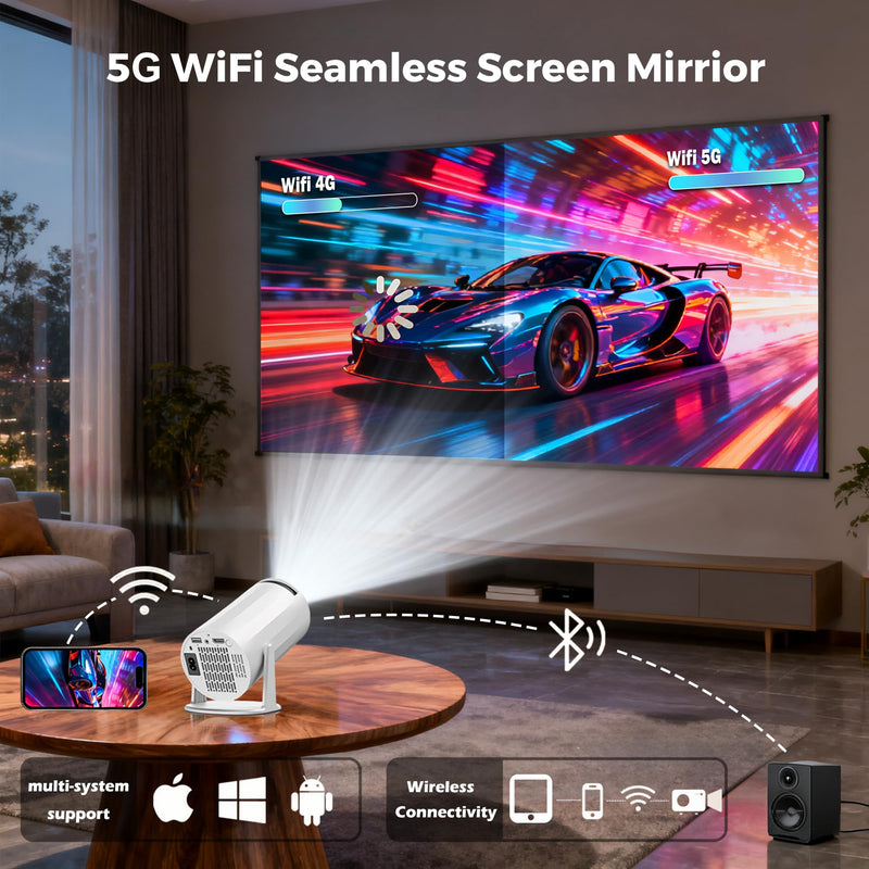 Mini Portable Projector Support 4K, 200 Ansi Outdoor & Home Movie Projector with WIFI and Bluetooth, Automatic Keystone Correction, 180°Rotatable, Compatible with HDMI USB PC Laptop