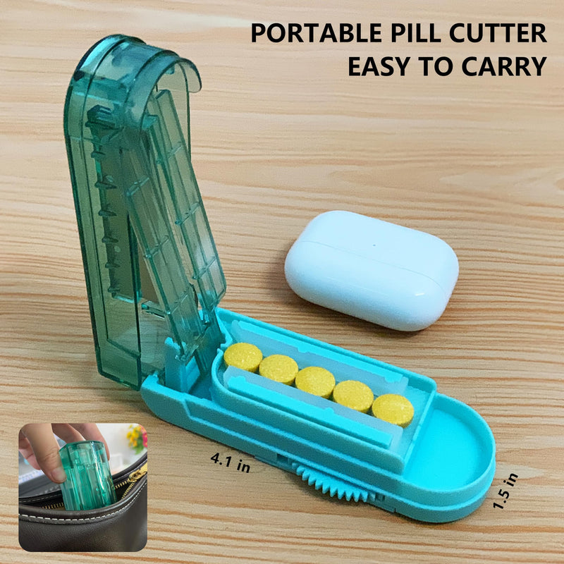 Johnbee Pill Cutter Splitter for Small and Tiny Pills, Larger Pills. Adjustable Pill Splitter Accurately Cuts Multiple Pills at Once. Sharp Blade with Safety Guard. Non-Slip Silicone Edge (Lake Blue) Lake Blue