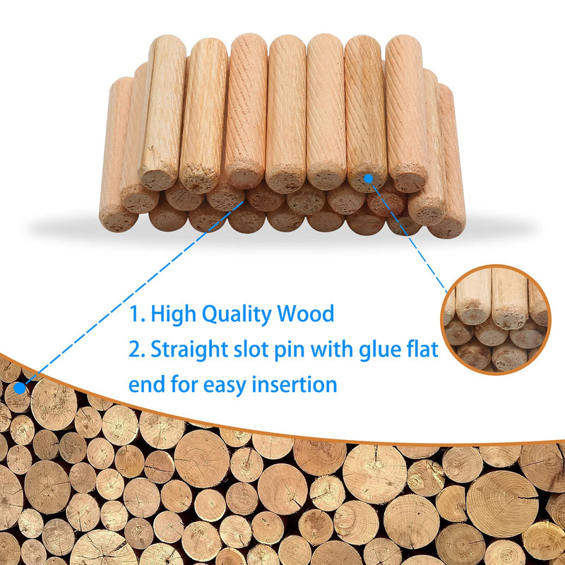 BokWin 100 Pack Wooden Dowel Pins 10mm x 50mm (Approx 3/8" x 2") Wood Fluted Dowels Rods Kiln Dried Fluted and Beveled, Hardwood Crafts Dowel Pegs 10mm x 50mm - 100PCS