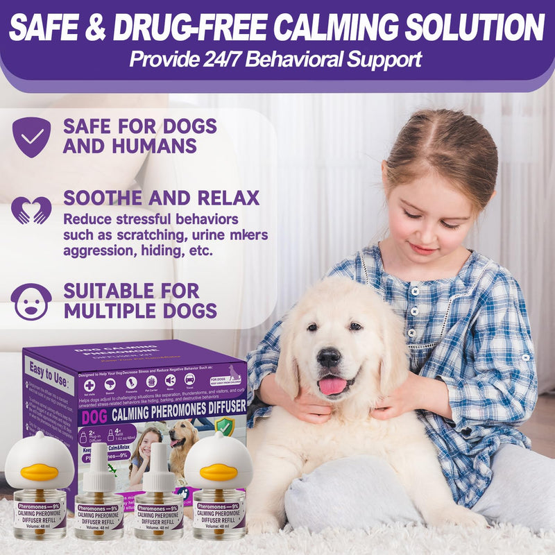 Dog Calming Pheromones Diffuser & 6 in 1 Kit Appeasing Dog Pheromone Diffuser Kit to Calm (2 Plug in+4 x48ml Refill) Calming Diffuser for Dog Reduce Anxiety Fighting Barking Stress 120 Day Supply Purple