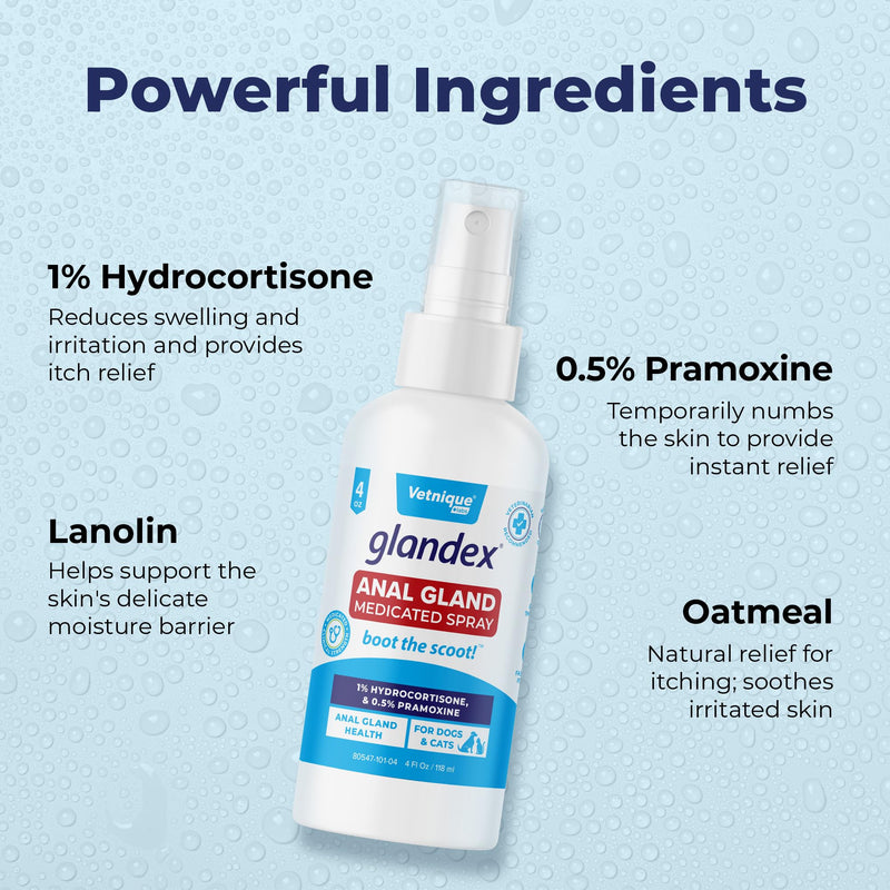 Vetnique Labs Glandex Medicated Dog Anal Gland Spray - Pain Relieving & Anti-Itch Formula to Soothe Inflamed Anal Glands in Dogs & Cats - Fast Acting Clinical Formula - Boot The Scoot (4oz)